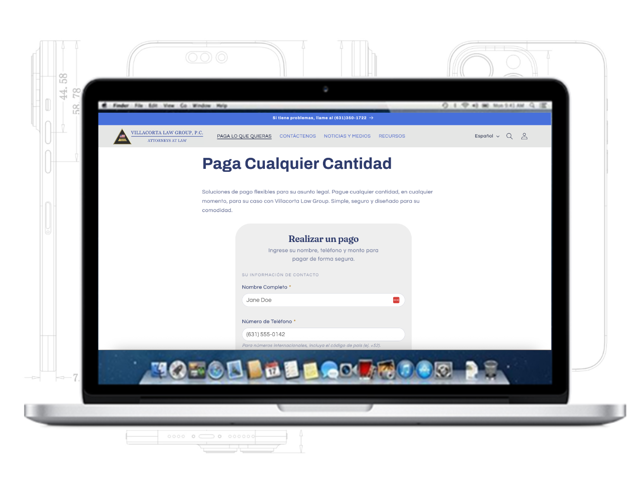 Villacorta Law Group "Paga Cualquier Cantidad" page — a custom Clio + Shopify payment app letting clients pay any amount in English or Spanish